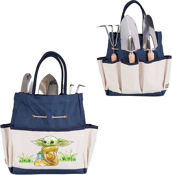 PICNIC TIME Star Wars Mandalorian Grogu Garden Bag with Tool Set, Garden Tool Organizer Bag, Gardening Tools Gifts for Women and Men, (Navy Blue with Beige Accents)