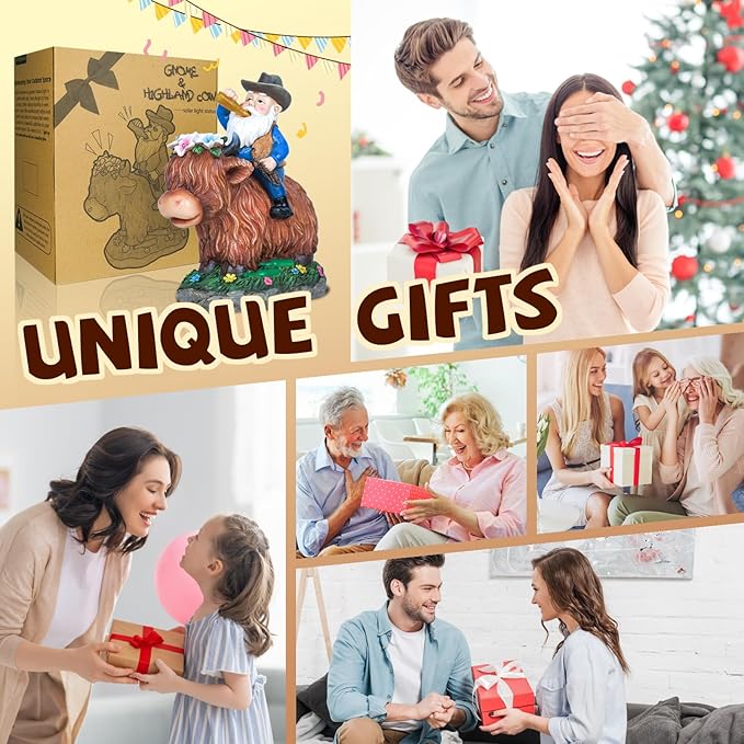 Gnome Gifts for Women, Solor Statue for Garden, Gnome and Highland Cow Figurine with Lights, Outdoor Decorations for Yard Lawn Patio, Gifts for Mom Grandma Mother in Law Gardener Mother'Day