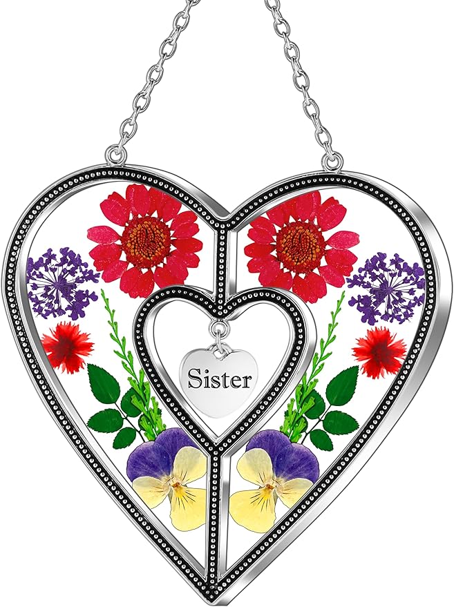 KY&BOSAM Heart Suncatcher Sister Stained Glass Panels Hangings for Windows Sun Catchers with Pressed Real Flower Heart in Glass Birthday Gifts for Women Mothers Day Home Garden Christmas Ornament