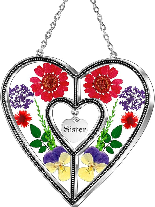 KY&BOSAM Heart Suncatcher Sister Stained Glass Panels Hangings for Windows Sun Catchers with Pressed Real Flower Heart in Glass Birthday Gifts for Women Mothers Day Home Garden Christmas Ornament