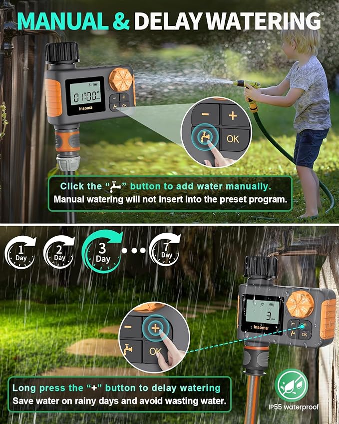 Sprinkler Timer, Hose Timer for Watering, Programmable Water Timer with Rain Delay/Manual/Automatic Irrigation System, Outdoor Garden Hose Faucet Timers for Yard Lawn