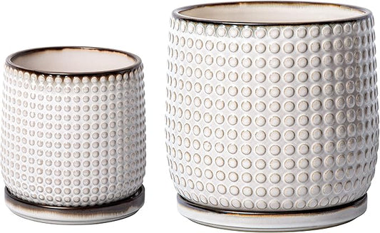 D'vine Dev 8 Inch 6 Inch Ceramic Indoor Planter Pots with Drainage Hole and Saucer, Beaded Design Flower Pots, Set of 2, Smoked White, 27-D-P-1