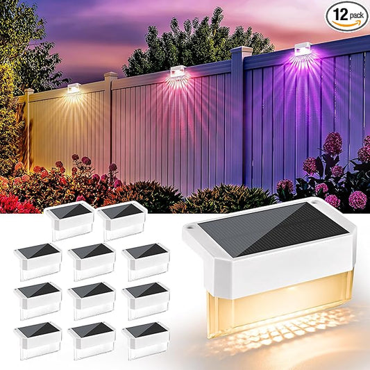 SOLPEX Solar Fence Lights Outdoor,Solar Deck Lights Waterproof Led Solar Lights for Outdoor Stairs,Step,Patio,Yard,Garden,Balcony and Porch,12 Pack Shell-Like Light Spots(White Shell,Warm White&RGB)