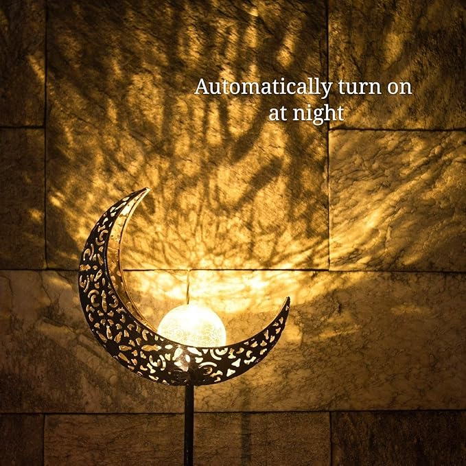 SunKite 1 Pack Garden Solar Light Outdoor Metal Moon Shape Lamp with Waterproof Crackle Glass Globe for Garden,Lawn,Patio,Pathway or Courtyard