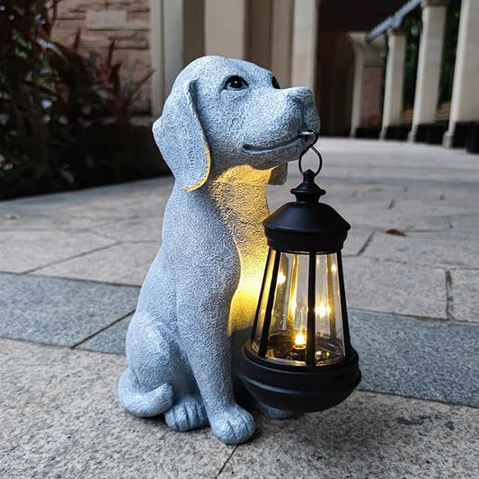 Dog Solar Garden Statues,Resin Dog Figurine Decorations with Solar Lights Lantern, Outdoor Decor Art for Lawn,Yard,Unique Housewarming Gift for Garden Home