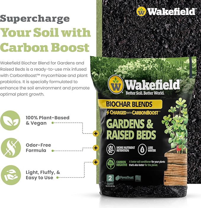 Wakefield Premium Biochar Blend with CarbonBoost & Advanced Probiotics - Ultimate Organic Potting Soil Mix for House Plants, Gardens and Raised Beds - Enhanced Water & Nutrient Retention - 2Quarts