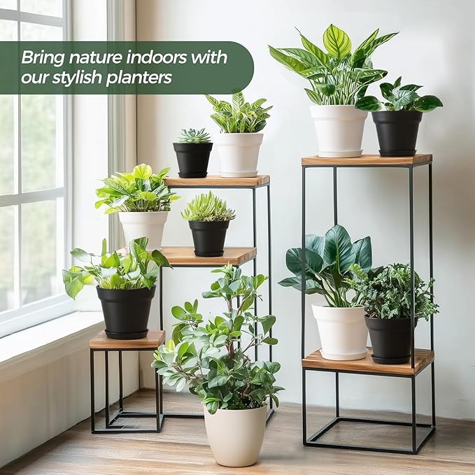 T4U 7.5 Inch Plant Pots 12-Pack - Small Plastic Planter with Drainage Hole and Saucer, Decorative Nursery Pot Bulk for African Violet, Snake Plant, Succulent and All House Plants Indoor (Black)