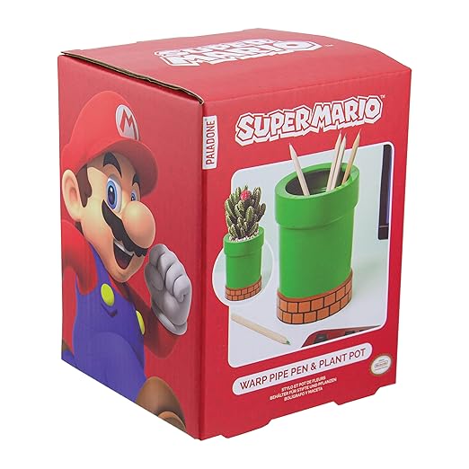 Paladone Super Mario Warp Pipe Flower Pot and Pen Holder, Ceramic Planter or Pen Organizer, Officially Licensed Nintendo, 15 cm, Green
