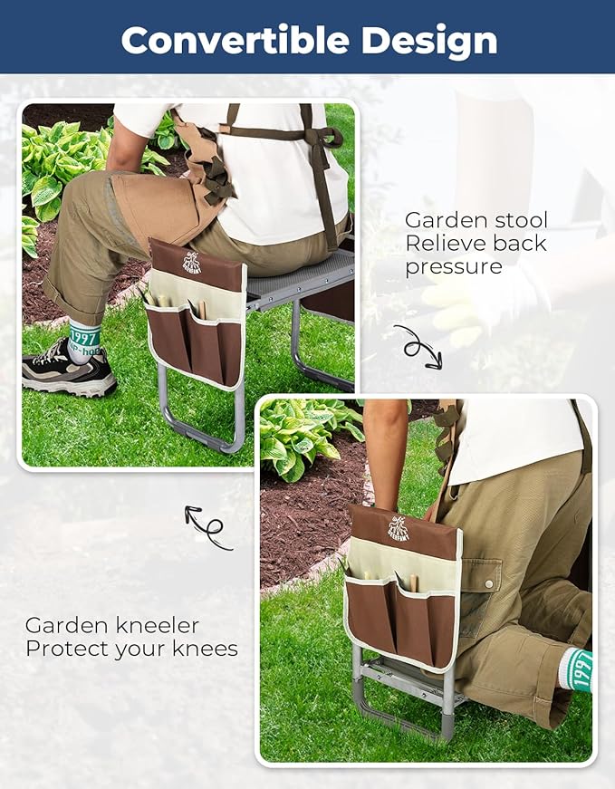 DEERFAMY Garden Stool 10.2" Width, Garden Kneeler and Seat Load Cap 350 lbs, Heavy Duty Gardening Stool with Extra Kneeling Pad, 2 Tool Pouches, Claw Gloves, Gift for Women Seniors, 2 Pack