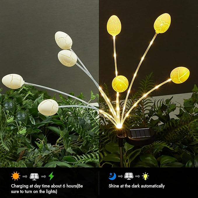 WBao Solar Easter Decorations Outdoor, 4 Packs Easter Egg Pathway Lights with Stainless Steel Stakes, 2 Modes, Waterproof, Growing Stem Easter Egg Lights for Garden Patio Yard Easter Décor, WarmWhite