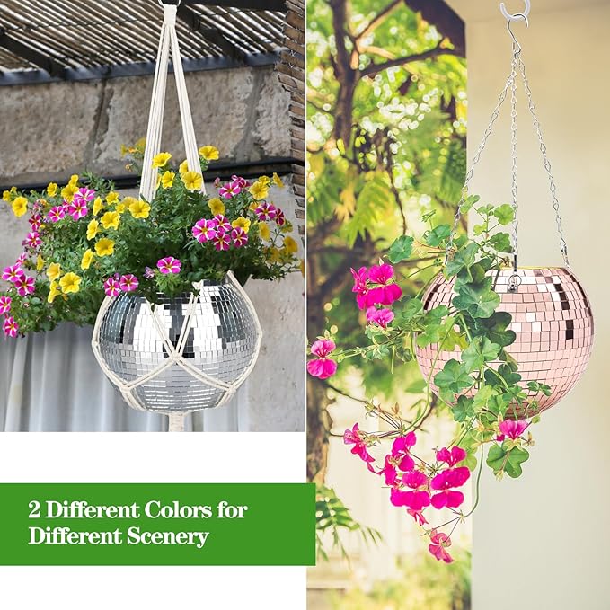 Disco Ball Planter, 1pcs 10” Silver Disco Ball Planter, Disco Ball Plant Hanger with Hanging Rope, Hanging Chain, Hook, Circle and Extra Mirror Pieces(10" Silver, 1pcs)