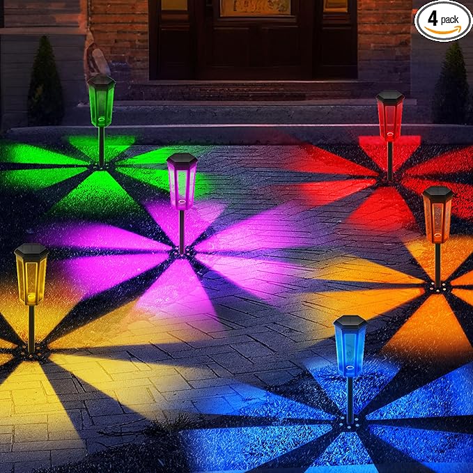 Solar Garden Decor Light, 4Pack Solar Outdoor Lights Color Changing, Bright Solar Pathway Lights Outside Waterproof, Solar Walkway Lights Warm White for Landscape Path Yard Patio Driveway