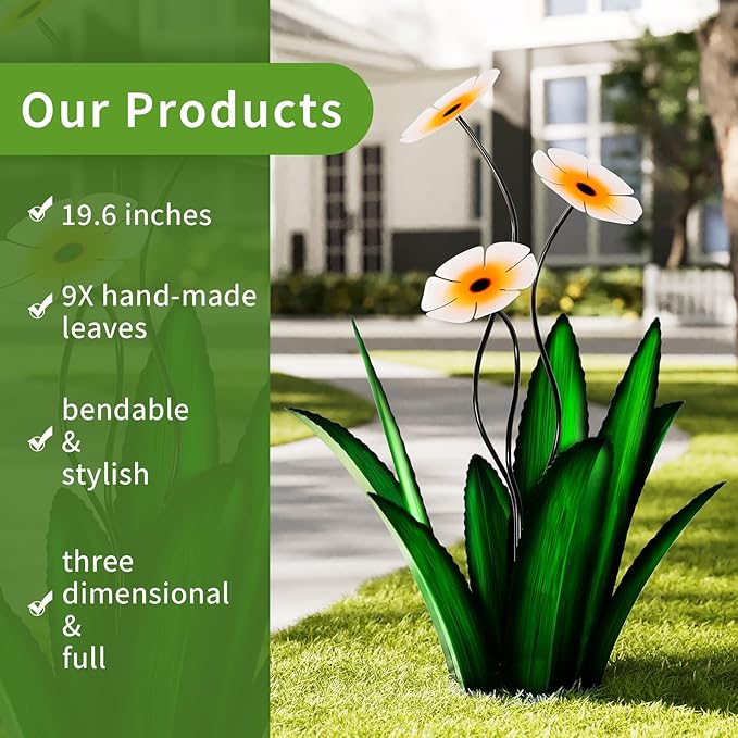 Upgraded Large Metal Yard Art, Metal Agave Plant Yard Decorations Outdoor Sculpture, Metal Flowers for Outside, Waterproof Outdoor Garden Decor (Green + White Flower)