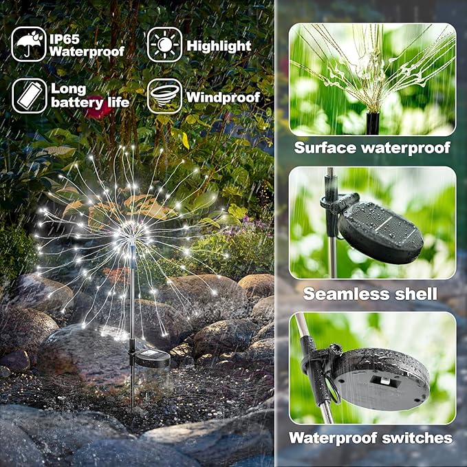 Anordsem Solar Fireworks Lights Outdoor: Garden Light Waterproof for Yard Outside - LED Starburst White Lighting Patio Pathway Decor 2 Pack - Sparkler Gardening Gifts for Women Homeowner