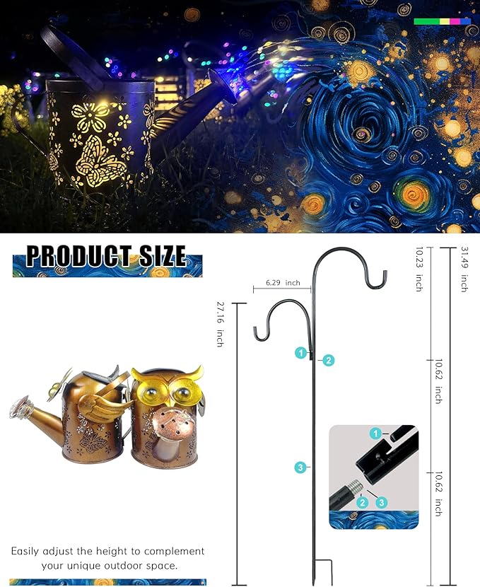 Solar Watering Can with Colorful Lighting, Waterproof Garden Decor, Birthday Gifts for Mom Grandma (Owl, 32 inch Shepherd Hook)