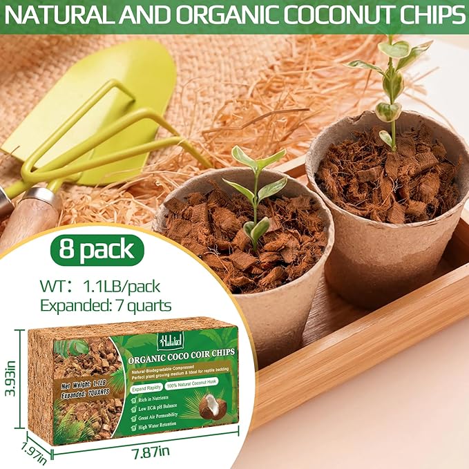 Halatool 8 Pcs Coconut Coir Chips for Plants - 8.8 LB 100% Organic Coco Husk Chip Bricks with Low EC and pH Balanced, Compressed Coco Substrate Growing Mulch Medium for Garden Herbs, Plants, Flowers