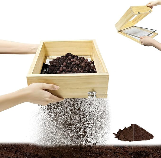 Wooden Soil Sifter for Gardening,13.7"x10.2" Rock Sifter with 2 Replaceable Mesh Screen (0.25"&0.47") Compost Sifter for Leaves, Rocks, Compost, Gravel, Soil