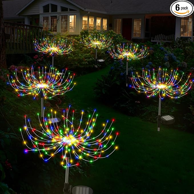 Colorful Solar Garden Lights Outdoor Waterproof Firework Light Solar Powered 200 LED Sparkles Landscape Fairy Light Outside Decorations for Yard Patio Pathway Lawn Party Decor, 6 Pack