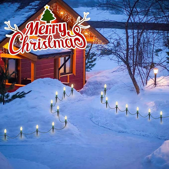 C9 Christmas Pathway Lights, 38FT C9 Christmas Pathway String Lights with 25 Clear LED Light Bulbs and Stakes for Outdoor Walkway Driveway Backyard Christmas Decorations