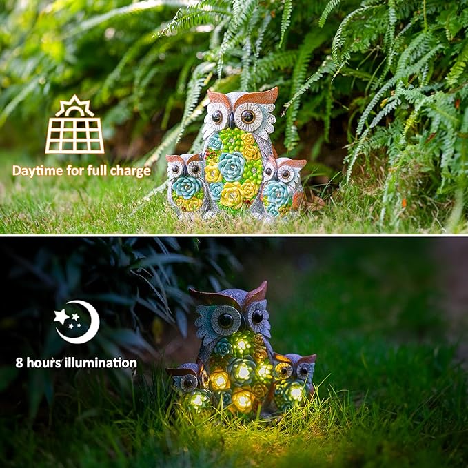 Solar Garden Statue Lights Owl Figurine with LED Lights, Outdoor Garden Succulent Ornaments Waterproof Decoration for Outside Patio Yard Lawn Decor