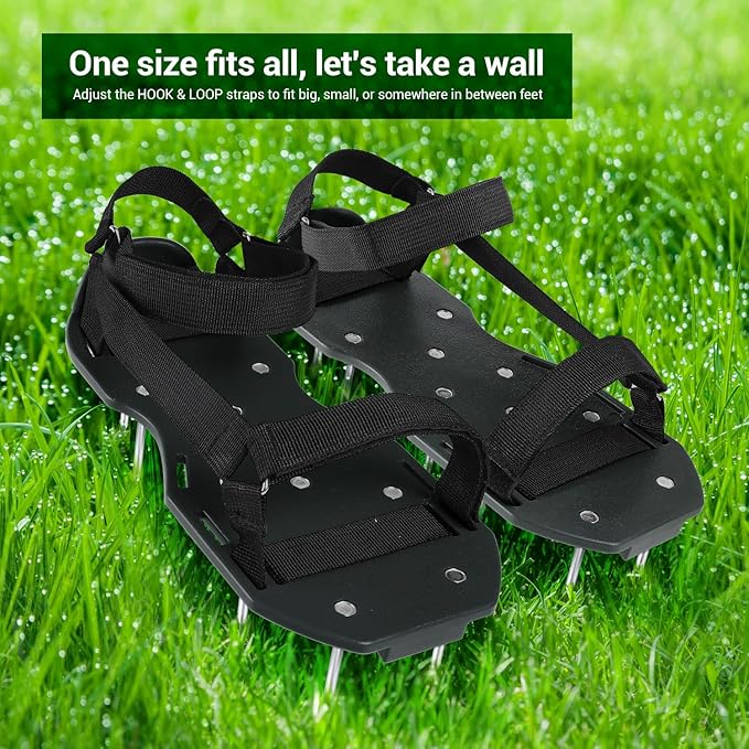 Ohuhu Lawn Aerator Shoes with Stainless Steel Shovel, Free-Installation Aerating Shoe with Hook&Loop Straps, Heavy Duty One-Size-Fits-All Spiked Aerating Sandals for Garden Grass Lawn