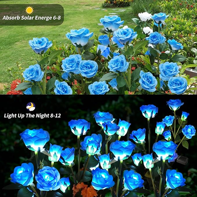 Solar Garden Lights, Solar Outdoor Lights with More Realistic 10 Rose Waterproof Solar Powered Flowers Lights for Outside Patio Yard Pathway Decorations, 2 Pack, Blue