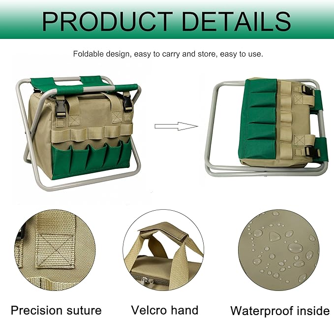 Folding Gardening Stool with Detachable Storage Tote Bag, Multifunctional Gardening Tools Set Organizer for Fishing and Camping,Portable Garden Chair Seat for Adults (Green+Khaki)