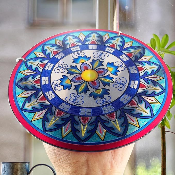 Mandala Suncatcher Stained Glass - Handmade Gifts for Women, Suncatchers for Windows - Window Hangings with Chain and Hook, 6 inch Stained Glass Suncatcher for Mom