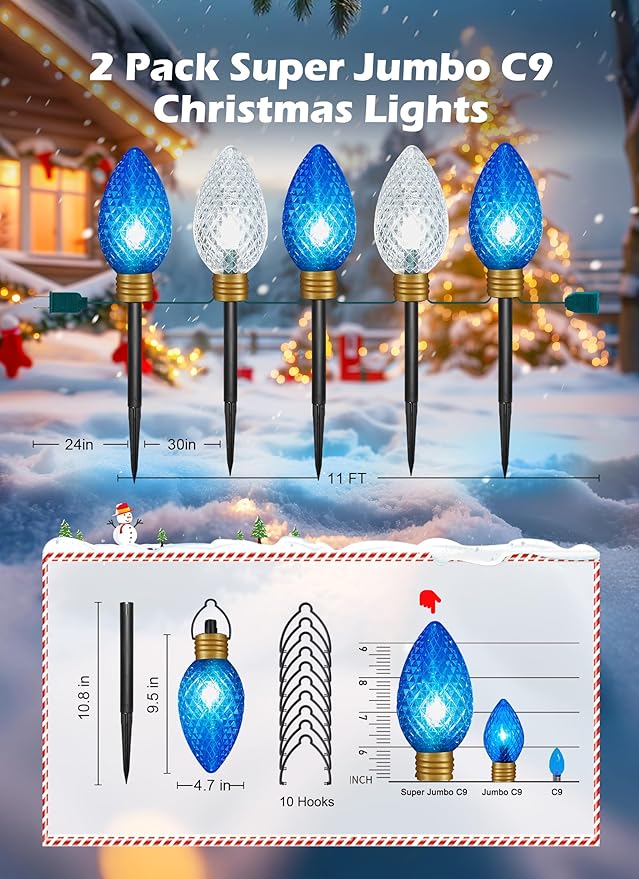Moonflor Strawberry Super Jumbo Christmas Lights Outdoor - 2Pack Total 22FT 10 LED C9 Christmas Pathway String Lights,Christmas Lights Outdoor Decorations for Lawn Holiday Yard Walkway, Blue White