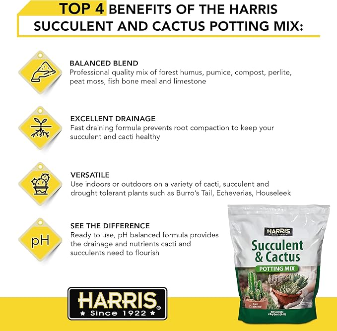 Harris Premium Succulent and Cactus Potting Soil Mix, Fast Draining with Added Nutrients, 4 Quarts