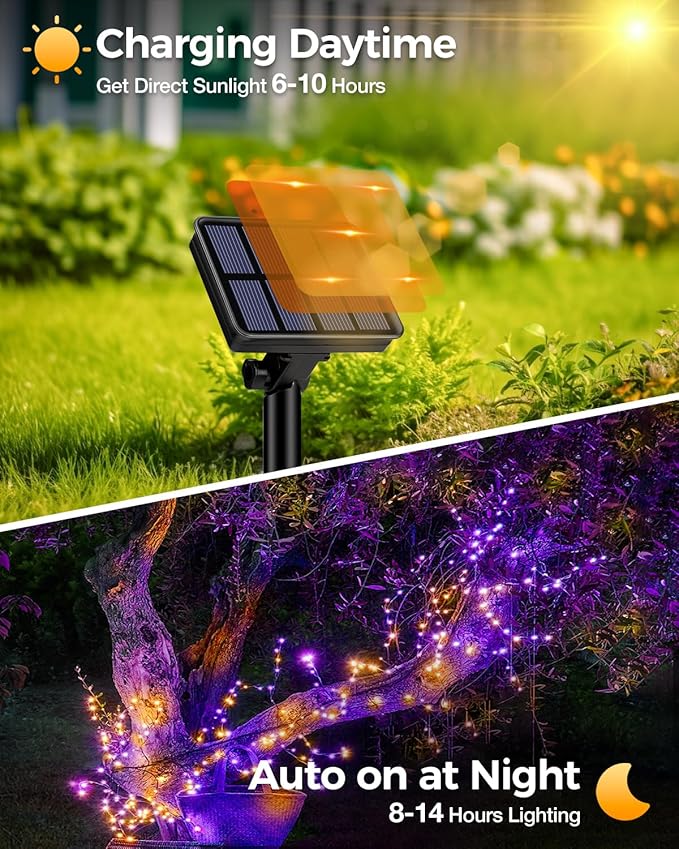 6 Pack Solar Fairy Lights for Outside Waterproof, 49FT/15M 150LED Solar String Lights Outdoor 8 Modes Solar Twinkle Lights for Garden Yard Halloween Decor, Orange-Purple