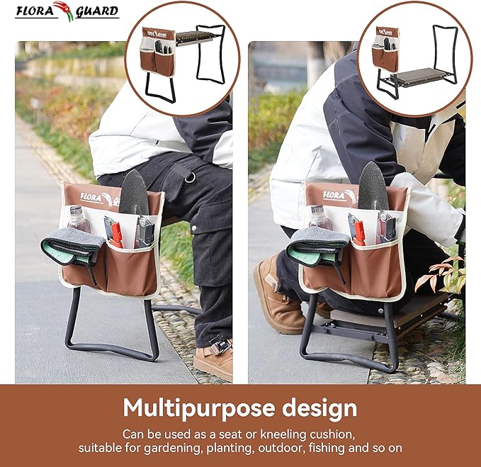FLORA GUARD Garden Kneeler and seat, Folding seat with Tool Bag, Rattan Cushion, Heavy Duty Carbon Steel Construction, Perfect Gardening Gift for Seniors and Women