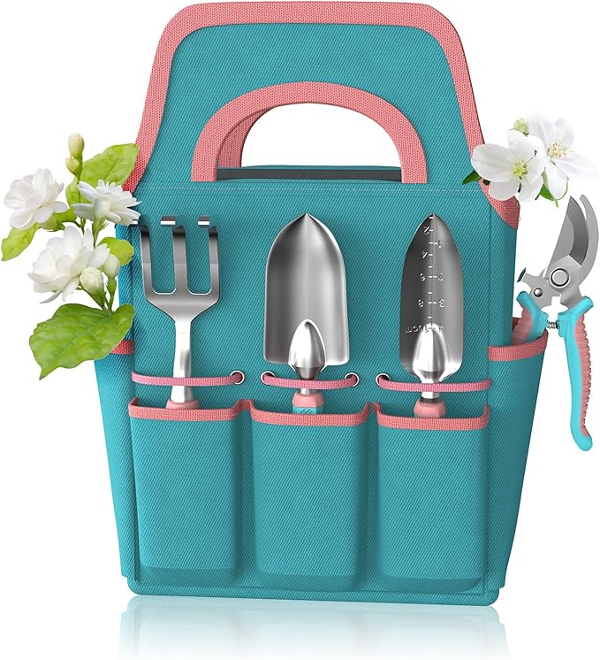 6 Pcs Garden Tool Set, Gardening Hand Tools Aluminum Alloy Starter Kit with Garden Bag, Heavy Duty Outdoor Tool Set with Ergonomic Handle, Gardening Gifts (No Flower Pattern)