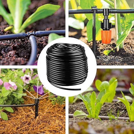 Gardrip 100 Feet 1/4 Inch Drip Irrigation Tubing Kit with 25 Pcs Drip Irrigation Parts: 100 FT Drip Line Distribution Hose with 10 Couplings 10 Tees 5 Plugs for Garden Irrigation Systems