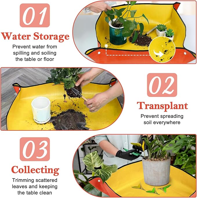 2Pcs Repotting Mat for Plant Transplanting, 39'' Gardening Mat and 26'' Orange Potting Mat for Indoor, Thicker Potting Tray with Plant Accessories Foldable Waterproof Planting Mat for Plant Lovers