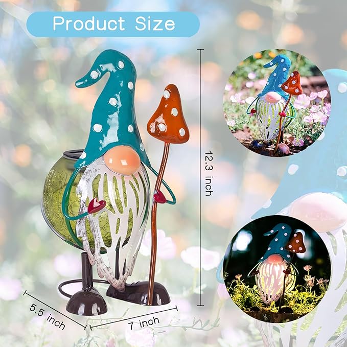 Solar Garden Outdoor Statues Decor, Metal Gnomes Solar Decorations Outdoor Figurine Lights, Solar Lantern Waterproof for Outside, Patio, Yard, Table, Porch, Lawn, Pathway