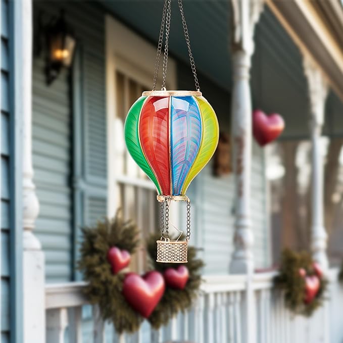 TERESA'S COLLECTIONS Hot Air Balloon Solar Lantern for Garden Decor ,Flickering Flame Hanging Solar Light for Outdoor ,Colorful Plastic Lamp for Yard Tree Gift for Mom