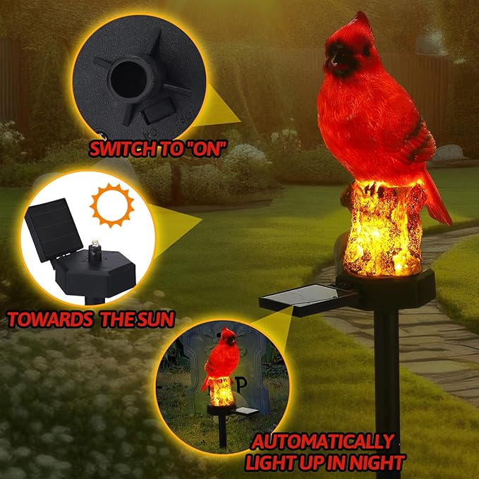 2 Pack Cardinal Solar Lights Cardinal Outdoor Decor Red Bird Solar Light Bird Figurine Garden Stake for Pathway Garden Lawn Yard Cemetery Decoration