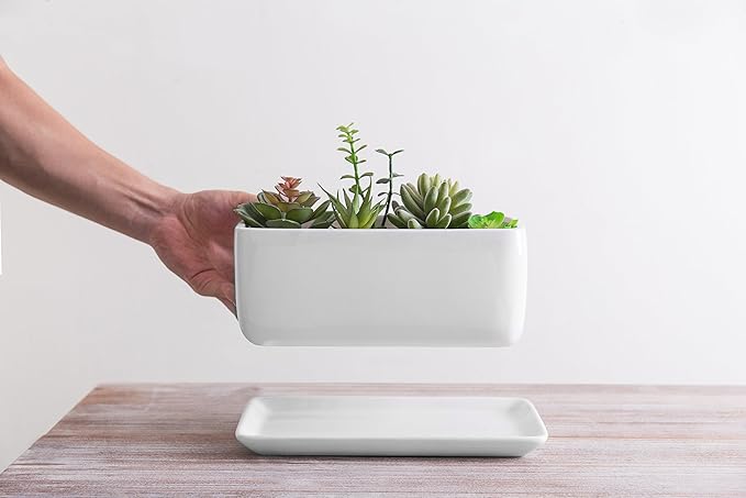 MyGift 14 Inch Modern Unglazed White Ceramic Indoor Plant Pot with Drainage Hole, Rectangular Succulent Planter Window Box with Removable Saucer, White (10 inch, 2, Pieces)
