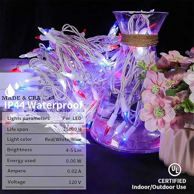 MULTI-SPARKING Red White and Blue LED Christmas Lights - 100 Count 4th of July Patriotic String Lights for Tree, Party, Independence Day Decorations, 33 Feet White Wire, UL Certified, Connectable