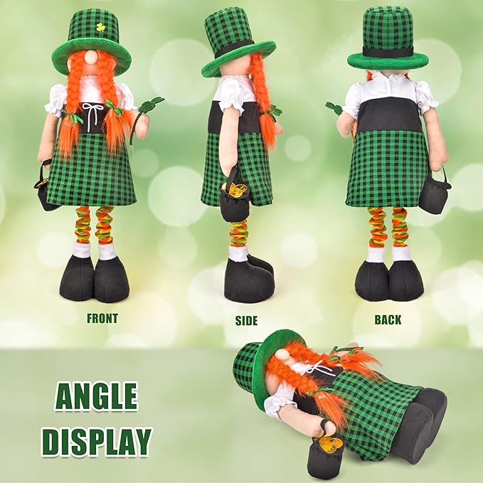 Large St Patricks Day Gnome Plush Decorations Outdoor, Cute Standing Saint Patricks Day Gnomes Gift Decor with Retractable Spring Legs, Placed Outside Yard/Porch/Garden/Indoor/Home/Office