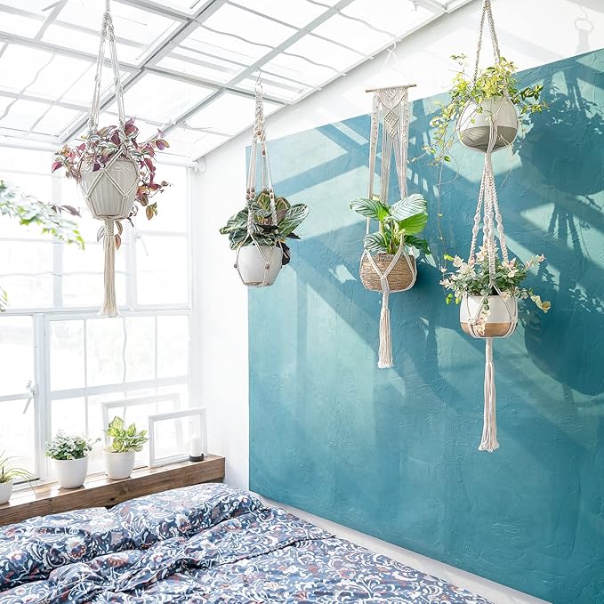 Mkono Macrame Plant Hangers, 5 Pack Different Tiers Indoor Hanging Planters Basket with 5 Hooks Decorative Flower Pots Holder Stand Boho Home Decor, Ivory