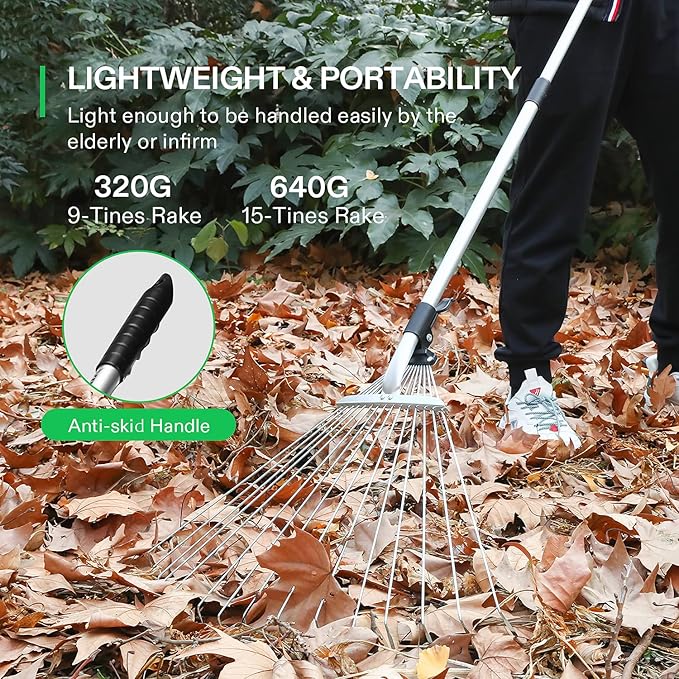 VIVOSUN 2-Pack Leaf Rake Set, Adjustable Garden Camping Rake Includes 15-Tine 64'' Rake and 9-Tine 30'' Rake, Metal Rake with Collapsing Tines and Telescopic Handle for Garden Lawn Yard Cleaning