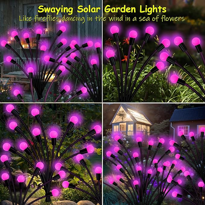 Solar Garden Lights Outdoor, 4 Pack 40 LED Solar Pink Firefly Lights Waterproof, Starburst Solar Wind Swaying Lights for Outside Yard Patio Planter Flower Bed Walkway Christmas Decoration
