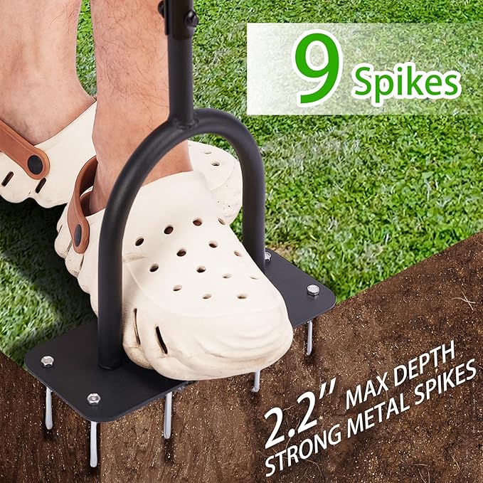 9-Spike Lawn Aerator Tool, Spike Metal Manual Dethatching Soil Aerating Lawn with, Grass Aerator Garden Tools, Durable U-Shape Steel Structure, Super Easy Installation, 39.4''