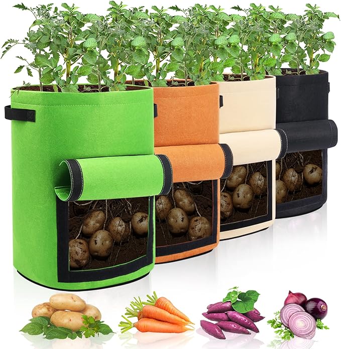4 Pack Potato Growing Bag with Flap 10 Gallon Planter Pots with Handles and Harvest Window for Potato Tomato and Vegetables, Black Green Orange and Beige