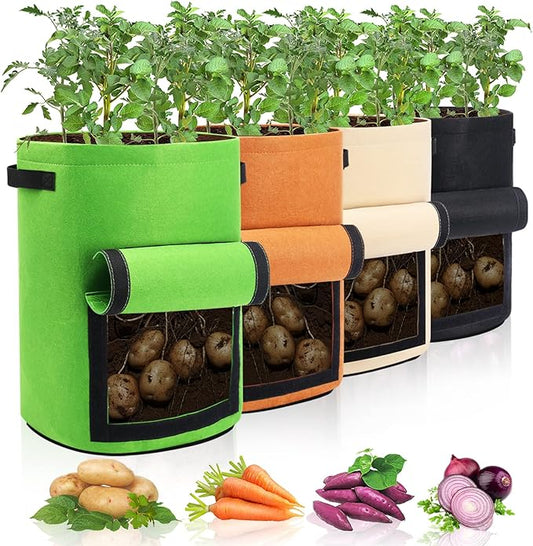 4 Pack Potato Growing Bag with Flap 10 Gallon Planter Pots with Handles and Harvest Window for Potato Tomato and Vegetables, Black Green Orange and Beige