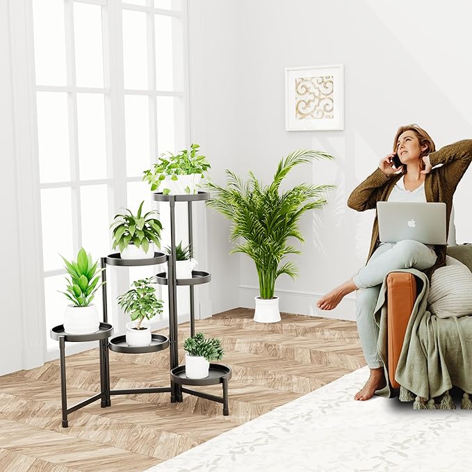 6 Tier Plant Stand Indoor Tall, Black Corner Metal Tiered Plant Stands Outdoor for Multiple Plants, Folding Iron Flower Display Holders Rack Shelf for Living Room Balcony Garden Patio