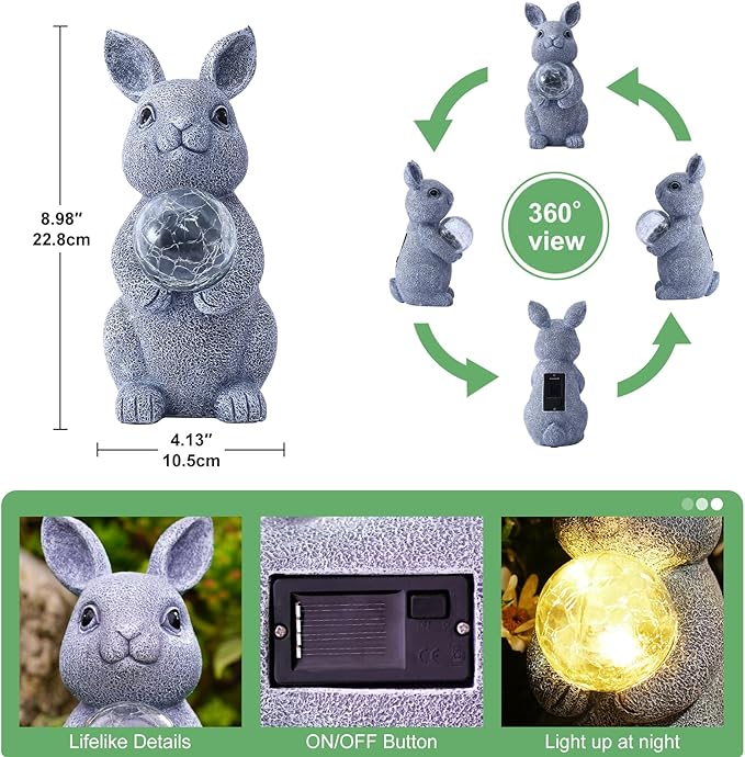 Solar Garden Outdoor Statues Bunny with Gazing Ball - Outdoor Decor Garden Rabbit Statue for Patio, Balcony, Yard, Lawn Ornament - Unique Housewarming Gifts