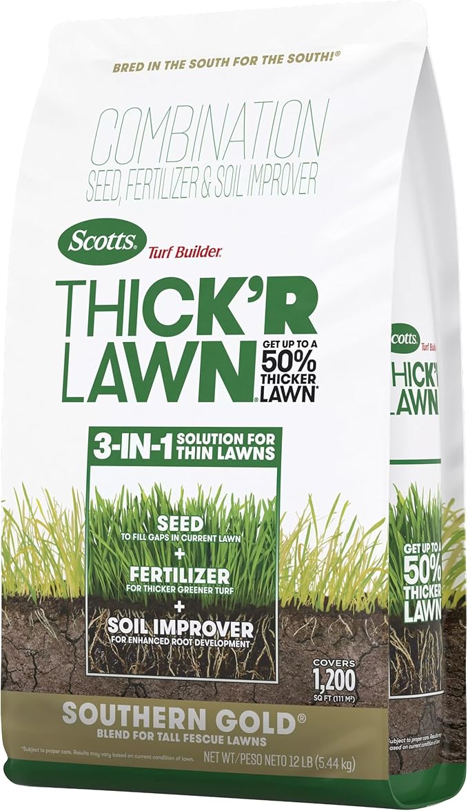 Scotts Turf Builder Thick'R Lawn Southern Gold Blend for Tall Fescue Lawns, Grass Seed, Fertilizer, and Soil Improver, 12 lb.